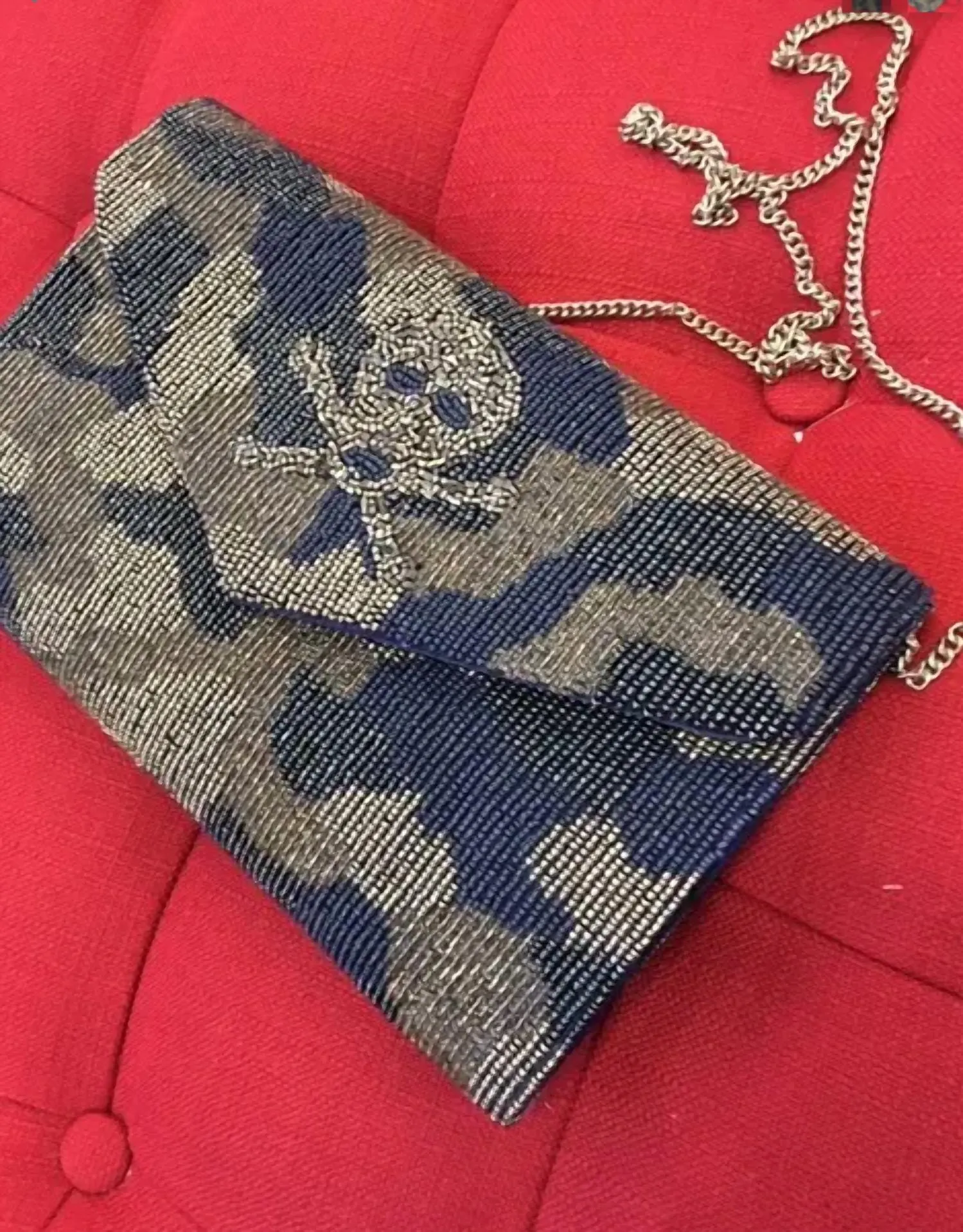 Beaded Handbag Skull & Bones In Gray And Blue Print