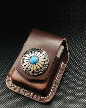 Coffee Handmade Leather Mens Floral Zippo Lighter Holders Lighter Case For Men