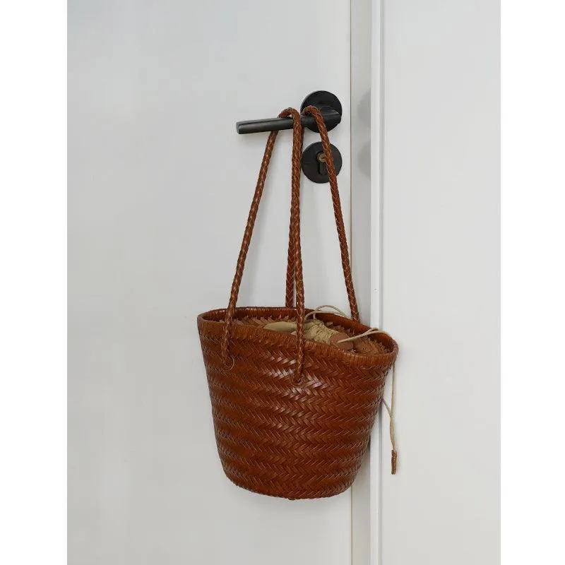 Cowhide Leather Hand Woven Bucket Bag | Open Rattan Woven Triple Jump Bamboo Ladies Hobo Holiday Bag | Weekend Basket Bag | Small Beach Bag