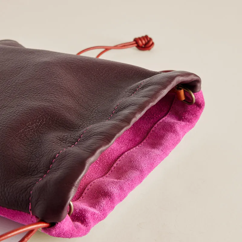 Drawstring Pouch - Suede Pink and Leather Burgundy