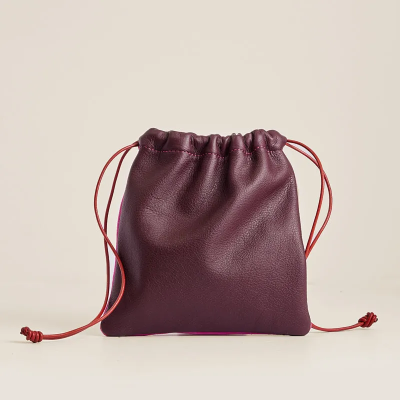 Drawstring Pouch - Suede Pink and Leather Burgundy