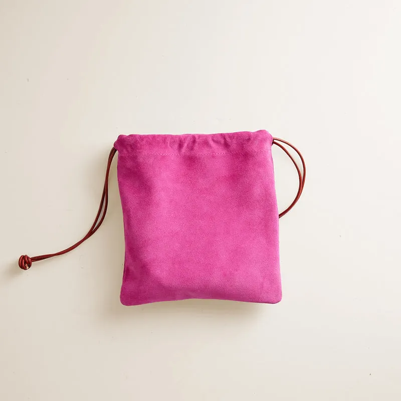 Drawstring Pouch - Suede Pink and Leather Burgundy