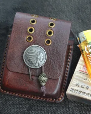 Handmade Coffee Leather Mens Cool Zippo Cigarette Case with Lighter Holder Belt Loop for Men